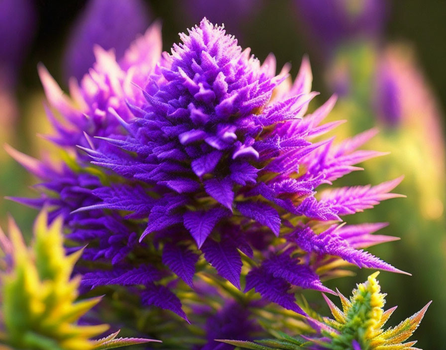 Vibrant purple flower with spiky petals on green-yellow background