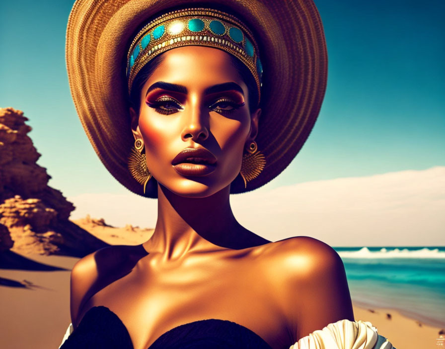 Stylized portrait of woman with dramatic makeup and hat against beach backdrop