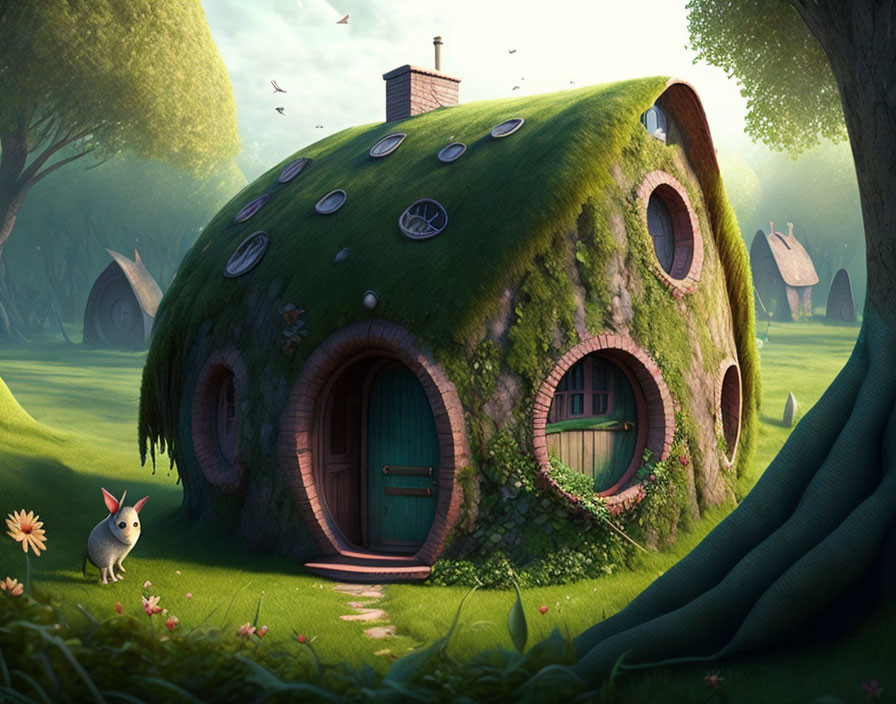 Green hill-shaped house with bunny in lush landscape