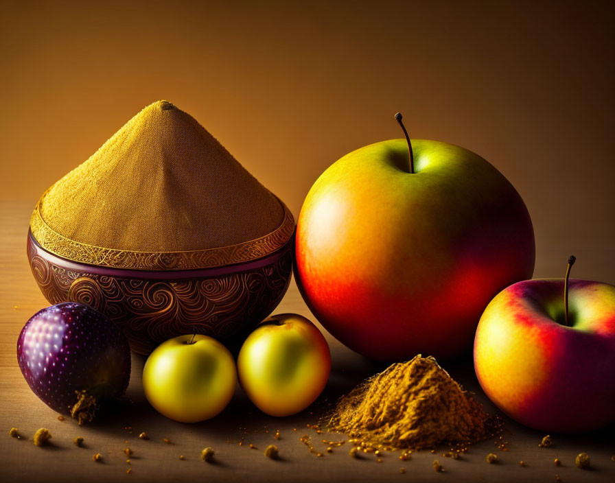 Golden-brown spice mound, apples, fig, and yellow berries still life on wooden surface