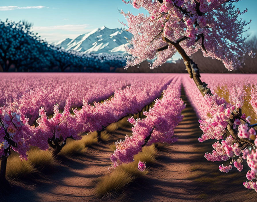 Pink Cherry Trees in Blossom with Snow-Capped Mountain and Blue Sky