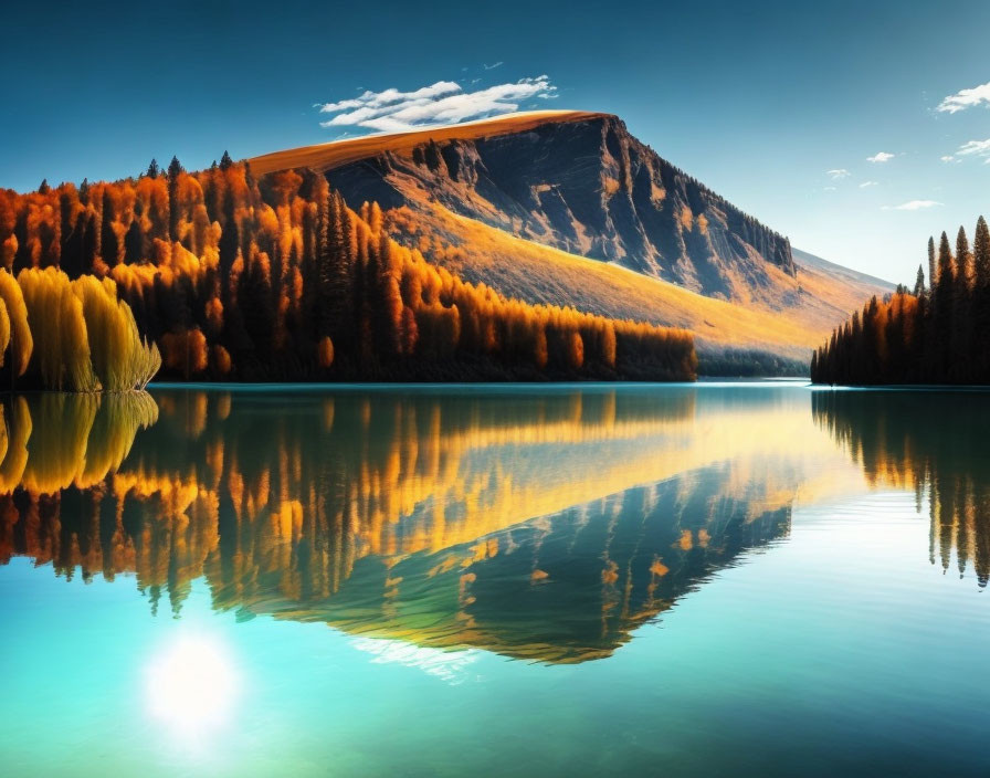 Scenic autumn lake with mountain and colorful trees