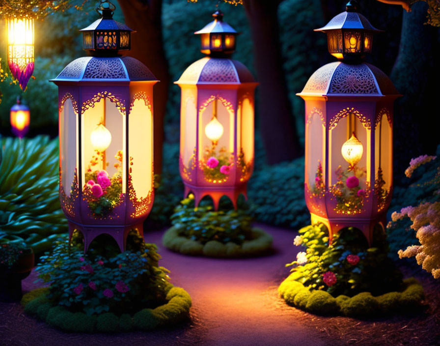 Ornate lanterns light up garden path at twilight