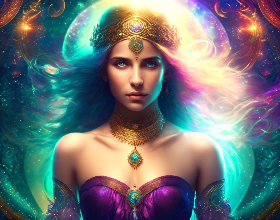 Mystical woman with jeweled headpiece and cosmic energy in blue and purple