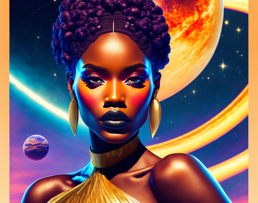 Stylized portrait of a woman with braided hair in cosmic setting