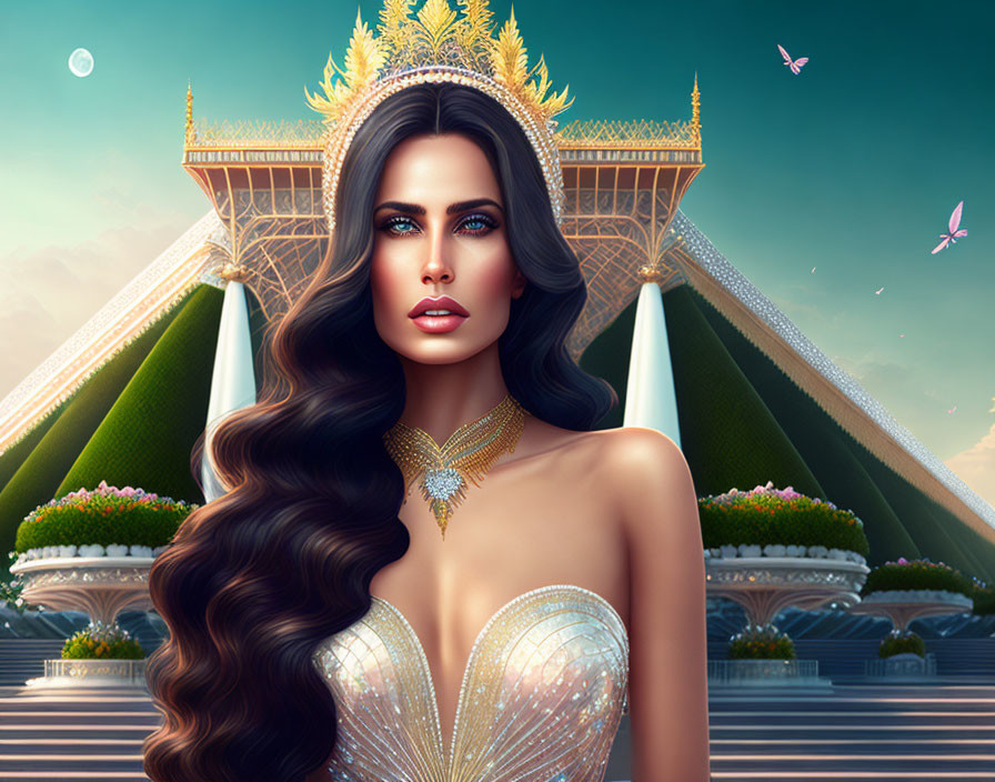 Digital illustration of elegant woman with crown and flowing hair in regal dress, with palace and butterflies.