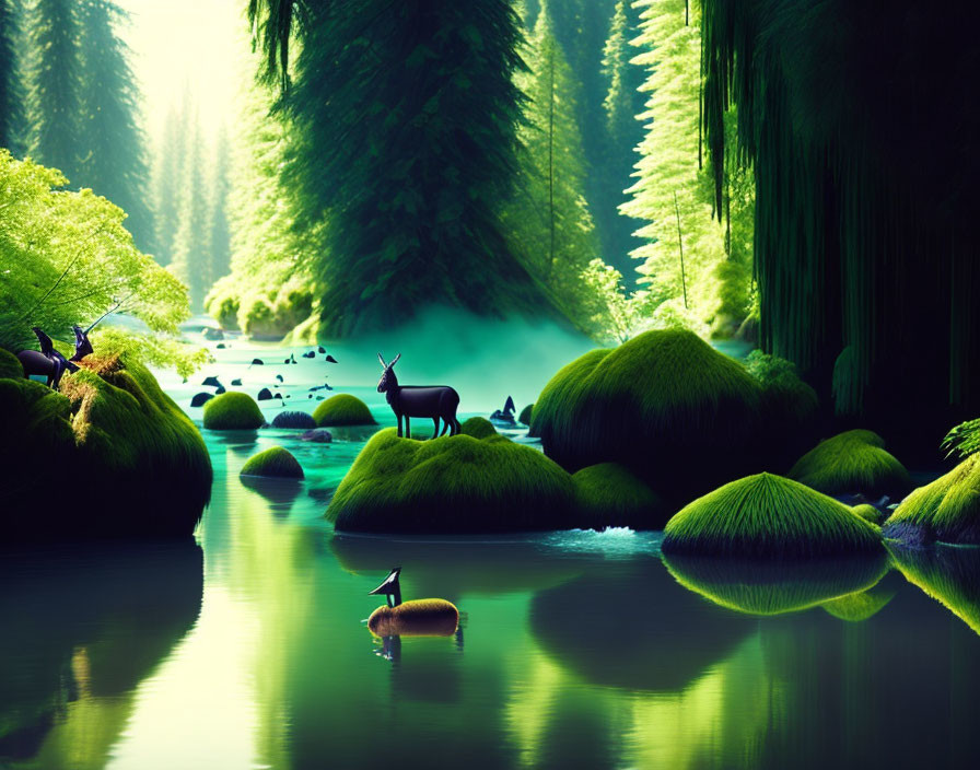 Tranquil forest landscape with deer, mossy rocks, and towering trees