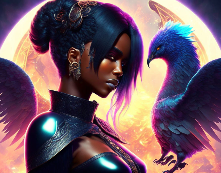 Digital artwork: Woman with intricate hair accessories and shoulder armor, majestic blue bird, vibrant purple-pink