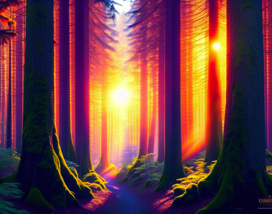 Dense Forest Sunrise: Light Rays Through Tall Trees