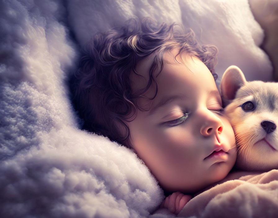 Curly-haired toddler napping with fluffy corgi under cozy blanket