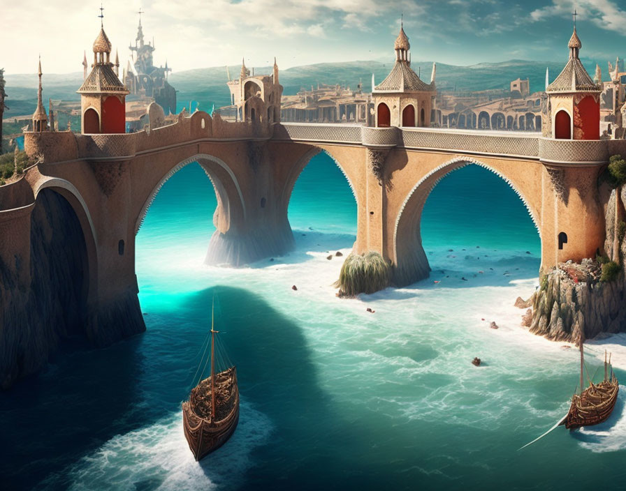 Grand stone bridge over turquoise sea with castle and boats in fantasy landscape