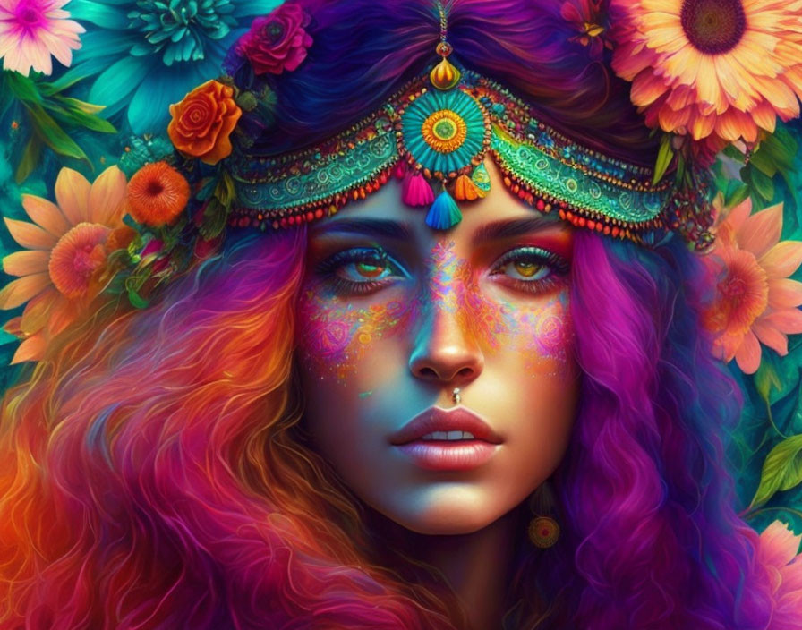 Colorful portrait of woman with floral patterns, vibrant hair, and ornate headpiece.