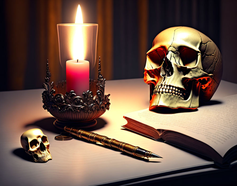 Lit candle, ornate holder, human skull, small skull, quill pen, open book on