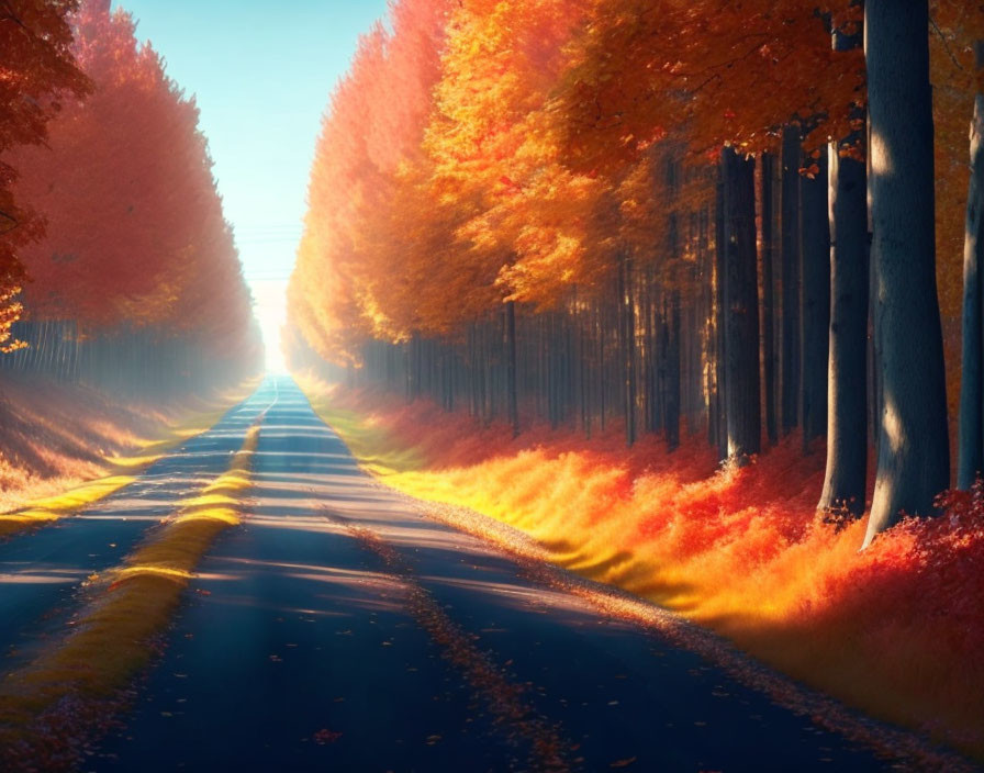 Vibrant autumn road with orange and red trees