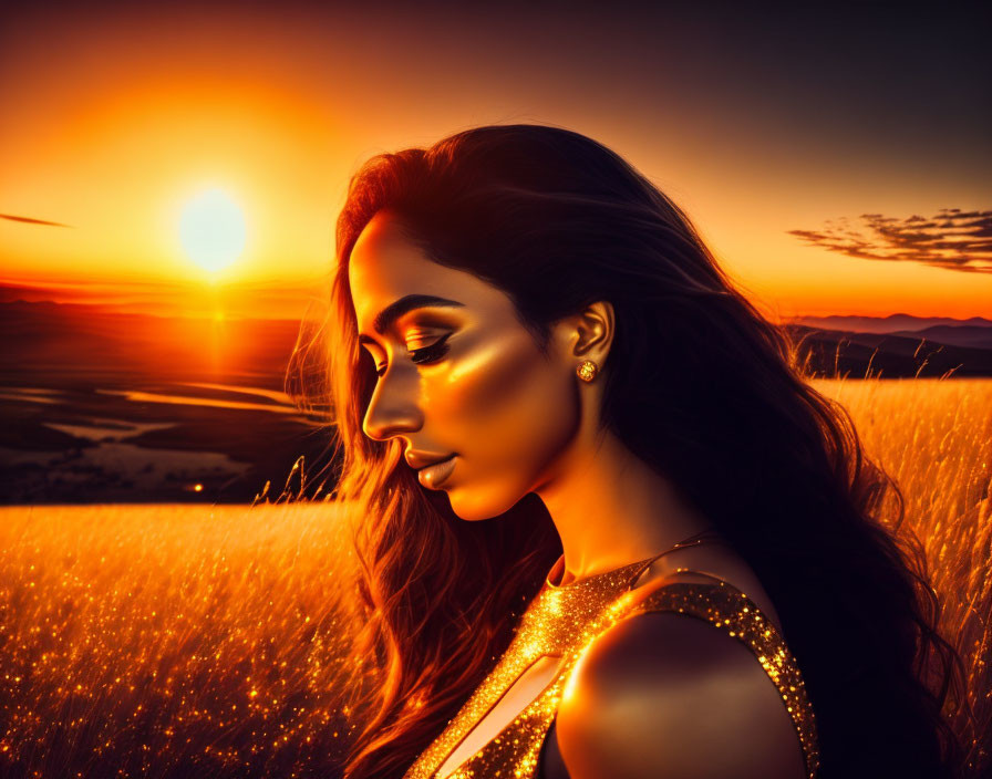 Woman in Glittering Outfit Stands in Field at Sunset