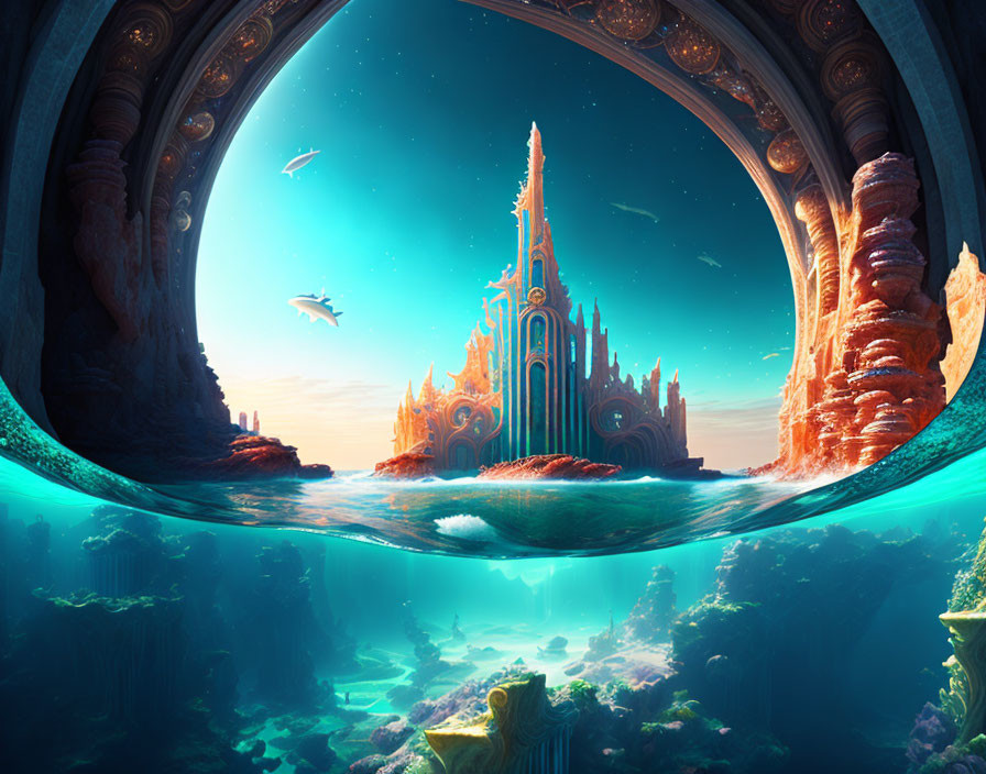 Majestic underwater city with towering structures and marine life.