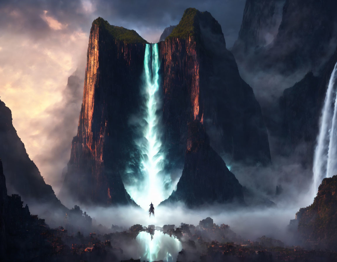 Person standing before majestic waterfall and mountains at twilight