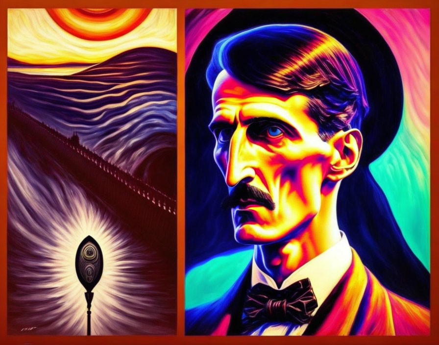 Vivid artwork blending "Starry Night" with portrait of Nikola Tesla