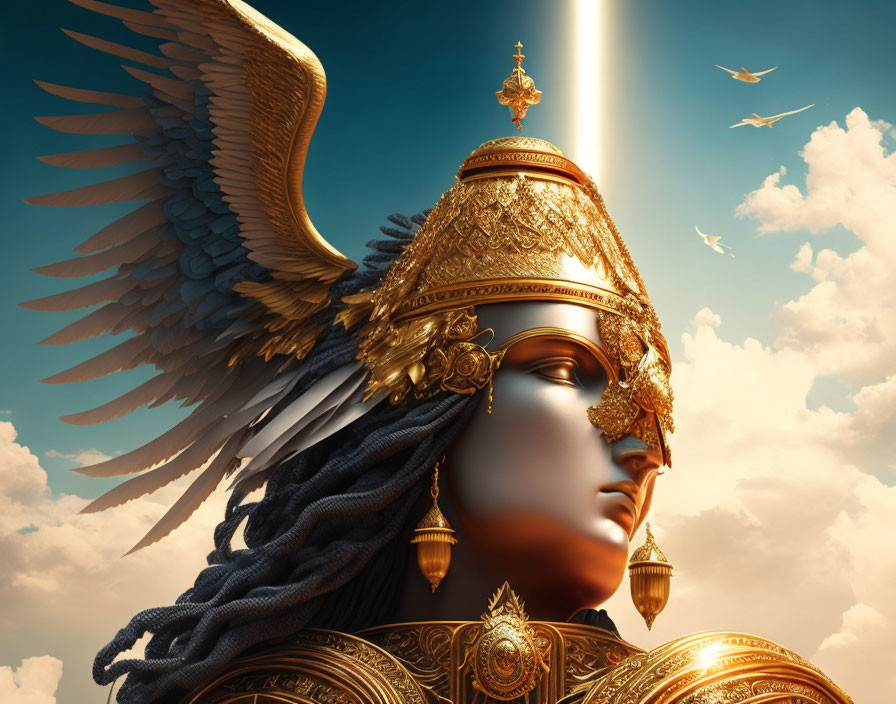 Golden armored figure with wings and helmet in sky with clouds, birds, and light beam