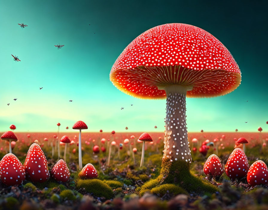 Colorful digital artwork: Large red-capped mushroom, smaller mushrooms, bees, mossy ground,
