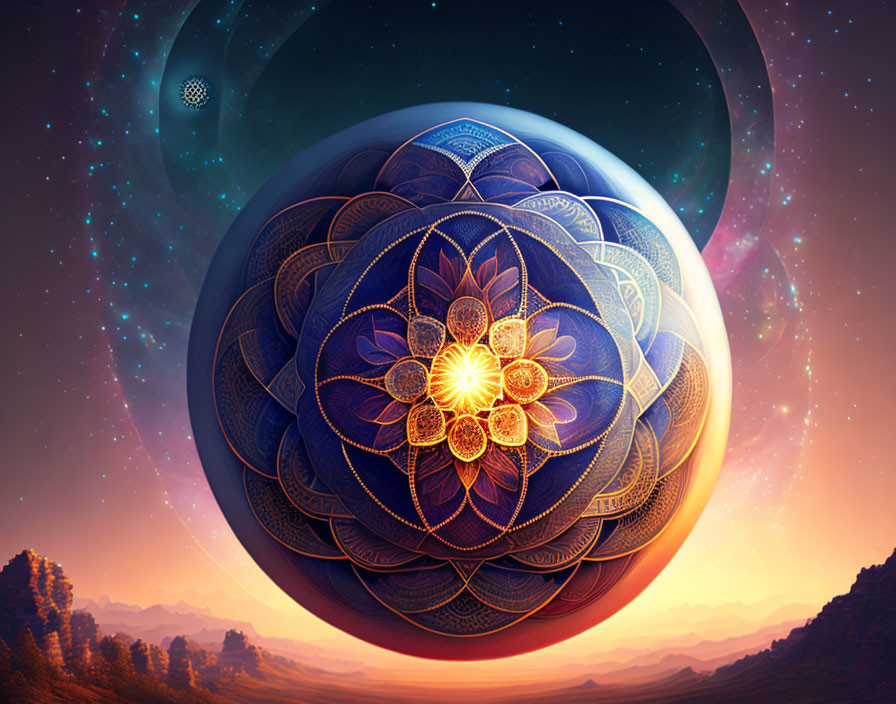 Colorful digital artwork: Mandala with celestial bodies and desert landscape