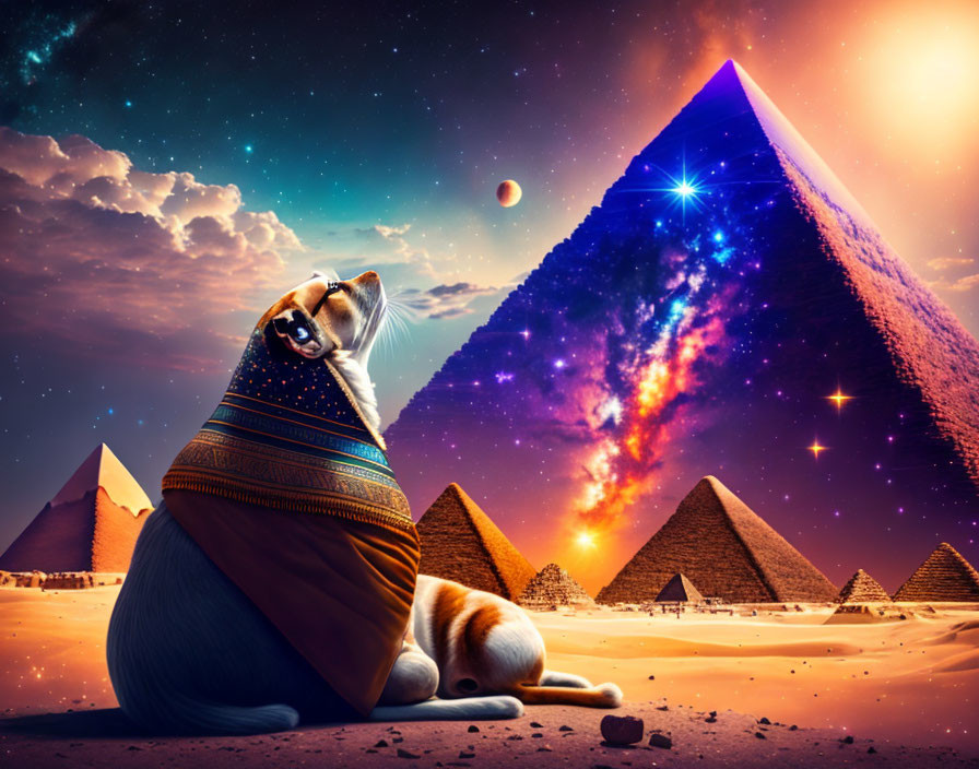 Large cat in pharaoh costume at Pyramids of Giza under starry sky