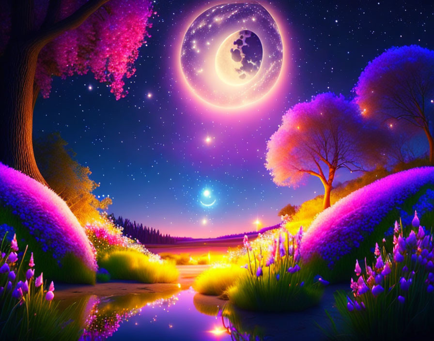 Fantasy night landscape with glowing elements