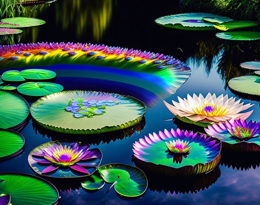 Vibrant Water Lilies and Lilypads on Dark Pond