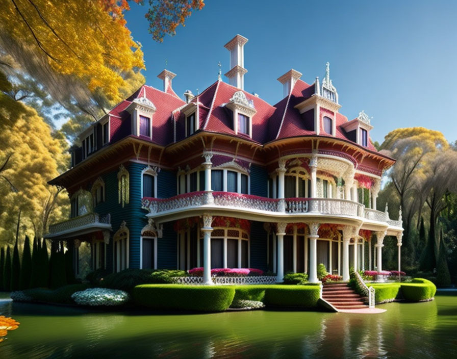 Colorful Victorian Mansion with Garden and Pond in Clear Sky