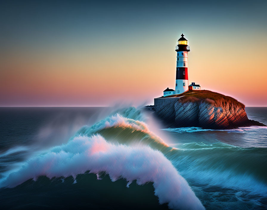 Scenic lighthouse on rugged cliff at sunset