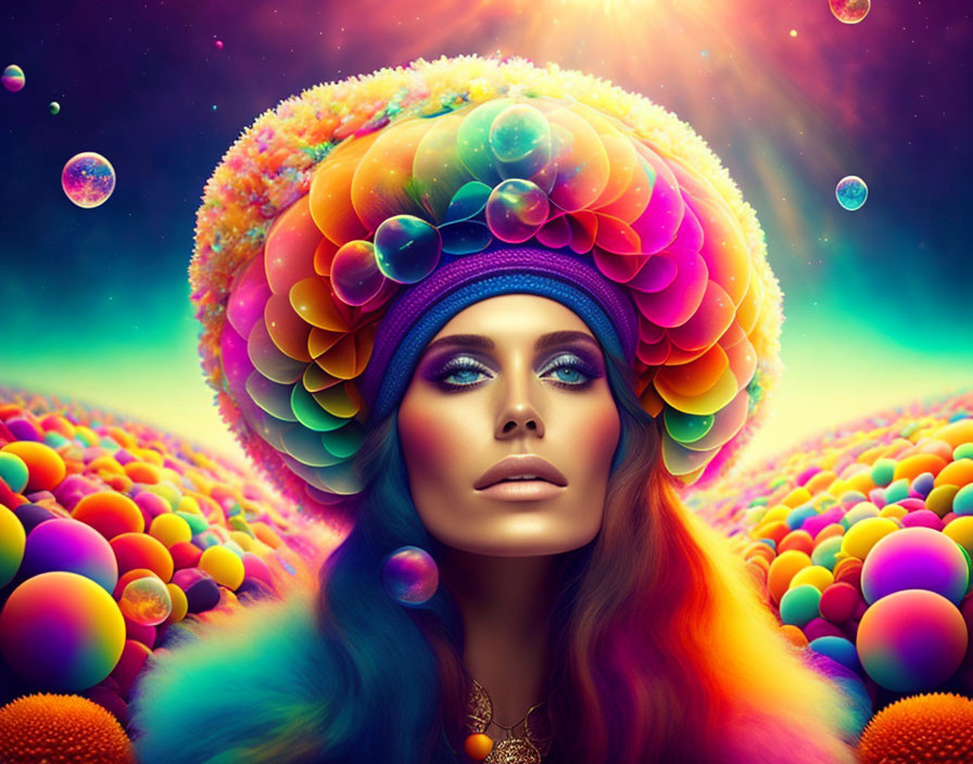 Colorful Bubble Headdress Portrait Against Psychedelic Background