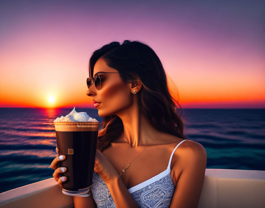 Woman in sunglasses holding large drink on boat at sunset