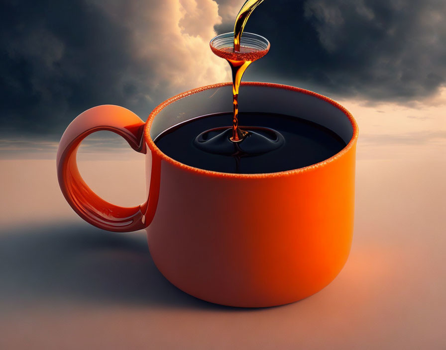 Orange Mug Filled with Coffee Under Dramatic Sky