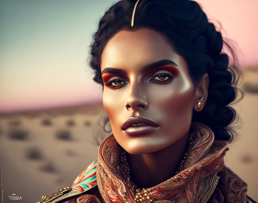 Detailed digital portrait of a woman with striking makeup and ornate outfit against desert backdrop