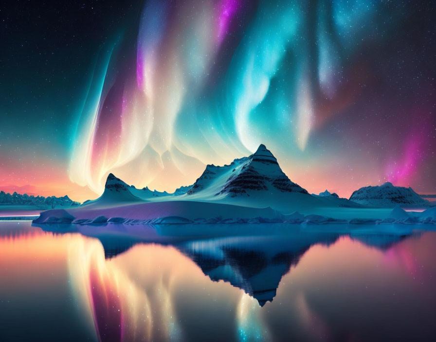 Vivid aurora borealis over snow-capped mountains and lake at twilight