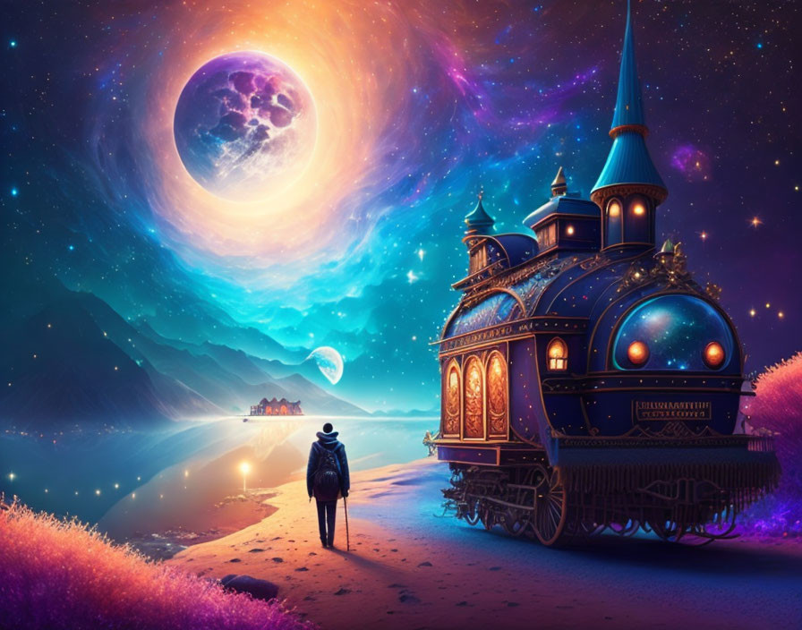 Person in hat by lake watching train under purple moon in whimsical night scene