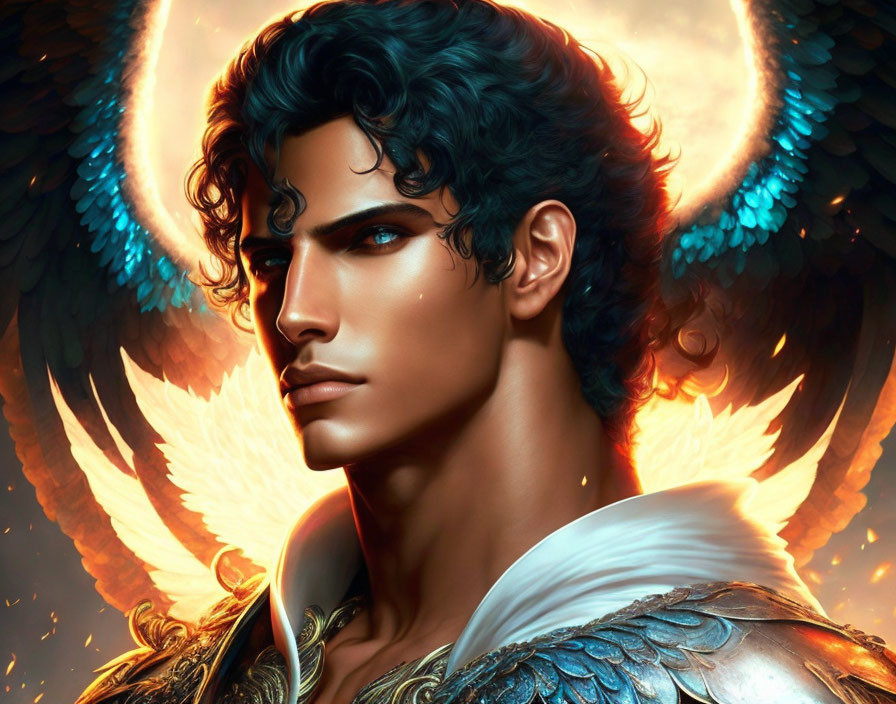 Male figure with dark curly hair and blue wings in warm, ethereal glow on fiery backdrop