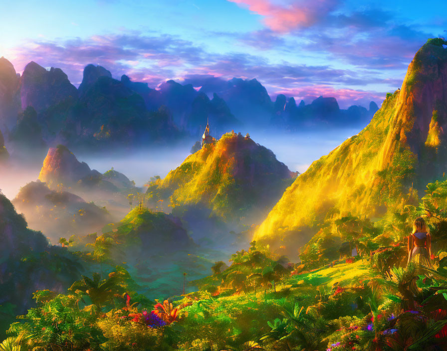 Misty mountains and sunlit temple in vibrant landscape