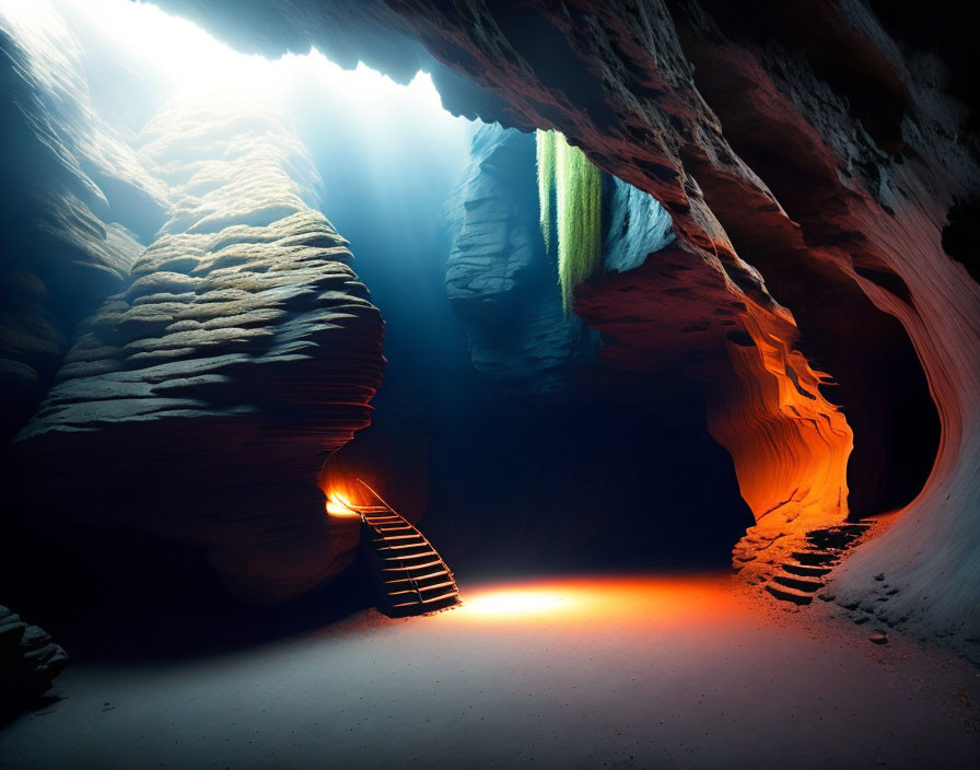 Natural light highlights sandstone slot canyon with ladder