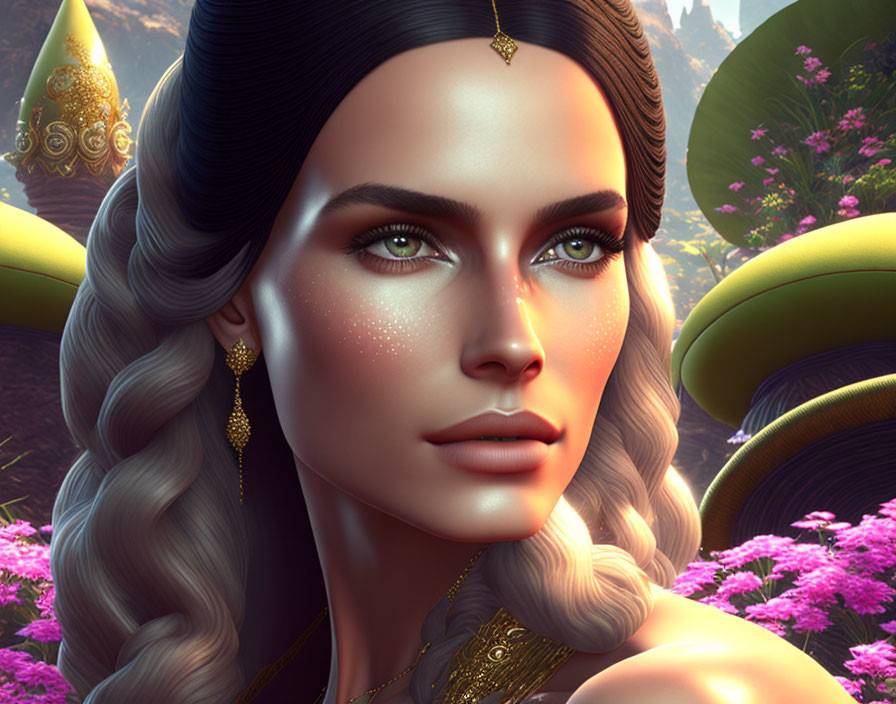 3D-rendered female figure with green eyes and golden jewelry in enchanted forest