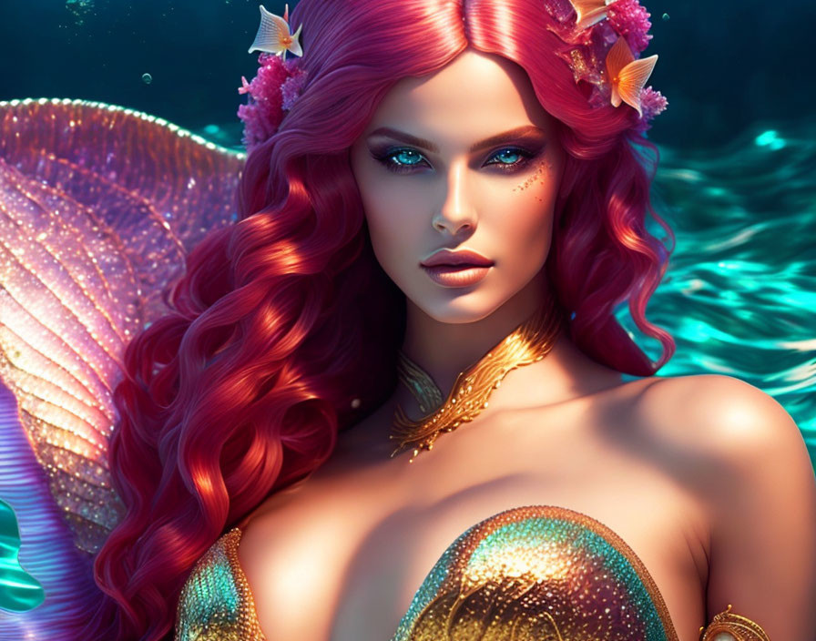 Vibrant red-haired mermaid with golden accessories in underwater scene