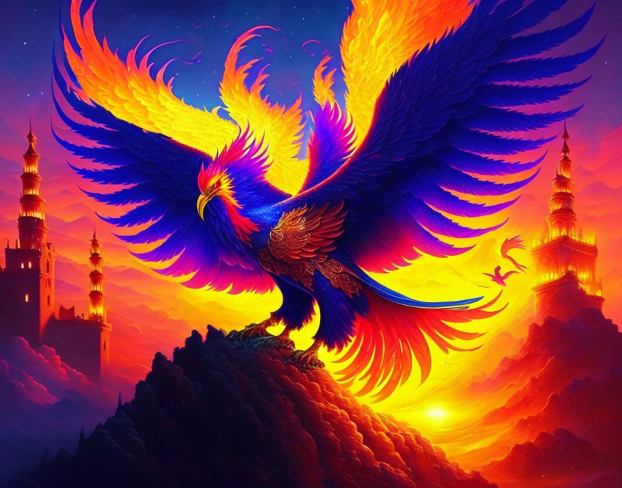 Majestic Phoenix Illustration with Fiery Wings in Twilight Sky