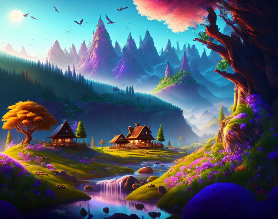 Colorful Fantasy Landscape with River, Flora, Orange Tree, Mountains, and Birds