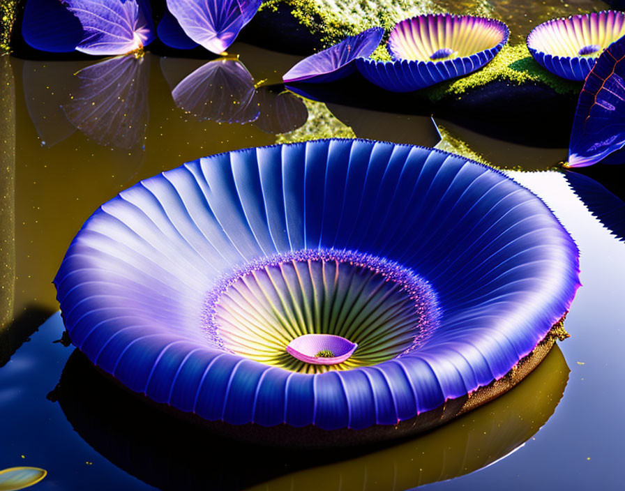 Close-Up: Vibrant Blue Water Lily with Purple Center among Others on Calm Water