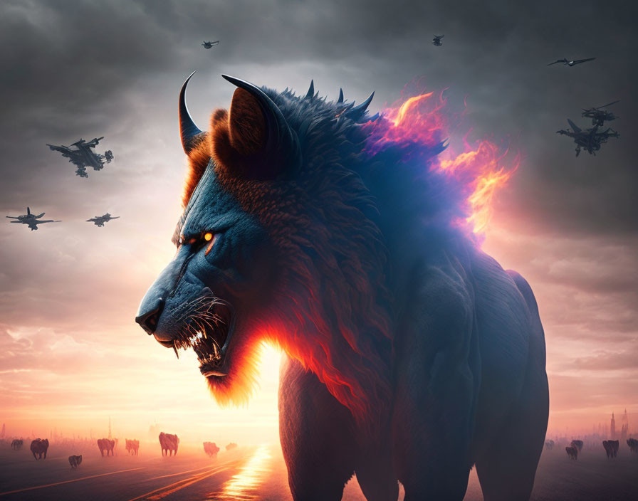 Majestic lion with flaming mane and blue fur leading pack under dramatic sky.