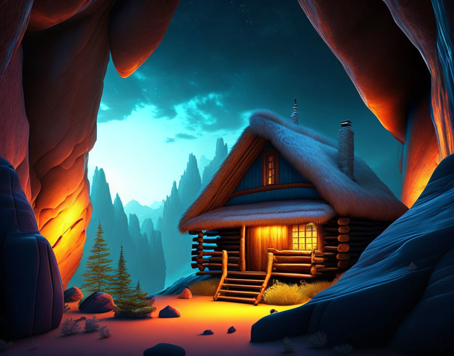 Thatched Roof Log Cabin Among Rock Formations at Night