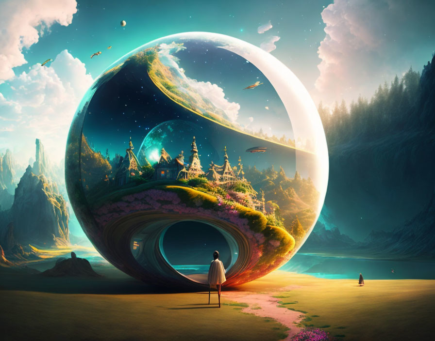 Surreal spherical portal reveals fantastical world with castles and floating islands