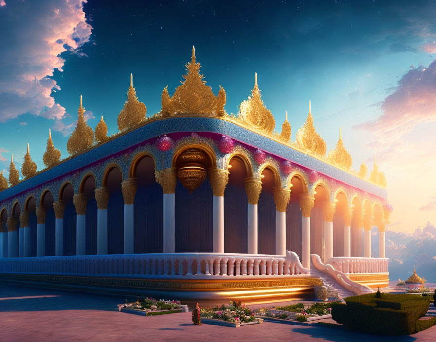 Fantasy palace with golden accents under sunset sky