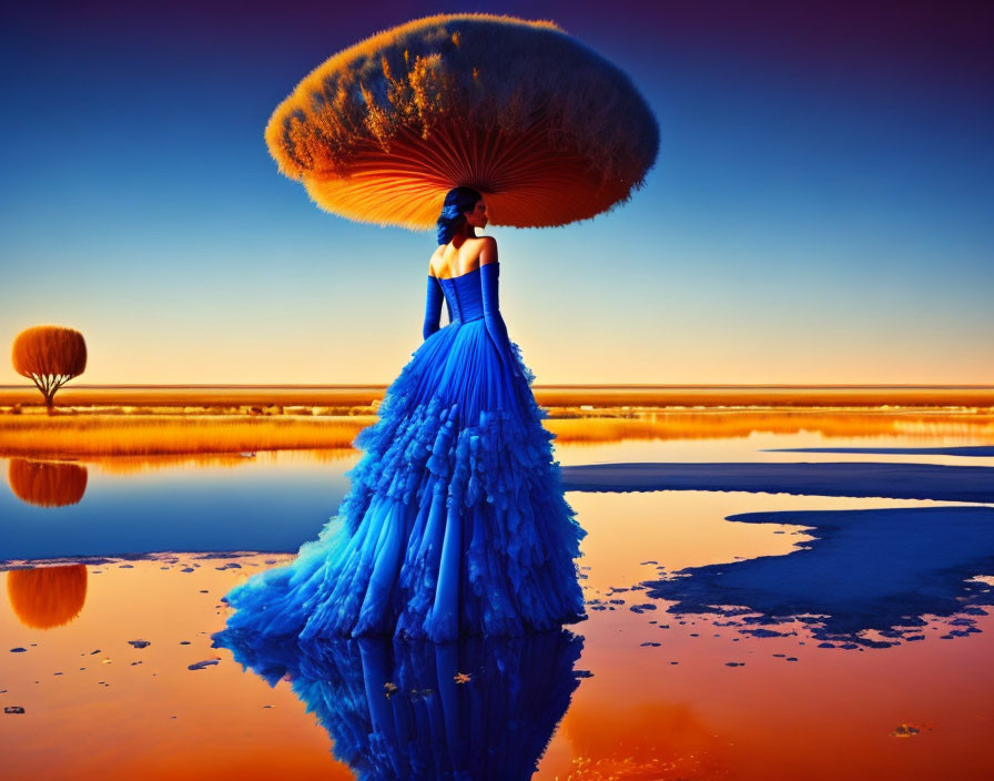 Woman in Blue Dress by Reflective Water at Sunset with Surreal Tree Structure