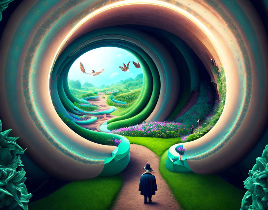 Surreal landscape with layered arches, colorful flora, winding streams, and birds in flight